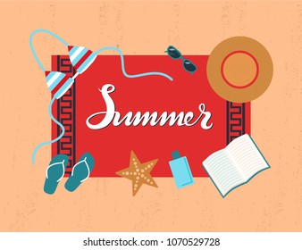 Hand sketched Summer typography lettering poster on sea beach background: towel on the sand, hat, sunglasses, swimsuit, starfish. Hand drawn banner, card template. Calligraphy design, vector picture.