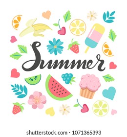 Hand sketched Summer typography lettering poster with summer day elements clip art set on the background. Hand drawn banner, card, postcard template. Calligraphy letters design, vector illustration.