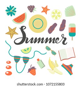 Hand sketched Summer typography lettering poster with summer day elements clip art set on the background. Hand drawn banner, card, postcard template. Calligraphy letters design, vector illustration.