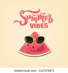 Hand sketched Summer vibes text. Lettering typography. Great for logo, t-shirts, badge, greeting, card, party, banner, invitation template. Vector.
