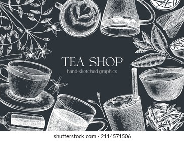 Hand sketched tea drinks and ingredients banner. Vintage teacups, glasses, leaves, flowers hand drawings background. Tea beverages design on chalkboard. Perfect for recipe, menu, label, packaging. 