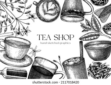 Hand sketched tea drinks and ingredients banner. Vintage teacups, glasses, leaves, flowers hand drawings background. Tea beverages design. Perfect for recipe, menu, label, packaging. 