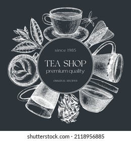 Hand sketched tea drinks round design on chalkboard. Vintage teacups, glasses, leaves, flowers hand drawings wreath. Tea beverages card or invitation template. For recipe, menu, label, packaging. 