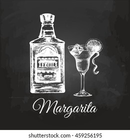 Hand sketched tequila bottle and margarita glass. Alcoholic drink drawing on chalkboard. Vector illustration of traditional cocktail for cafe, bar, restaurant menu.