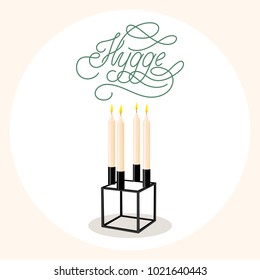 Hand sketched “Hygge” text, candlestick and candles as Danish lifestyle concept logotype, icon, banner template. Inspiration quote for social media and cards. EPS10 vector illustration.
