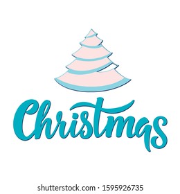 Hand sketched “Christmas” text and Christmas Tree as greeting card, invitation, seasonal postcard, poster, promotional materials. Enjoyable winter colors palette. Vector illustration.