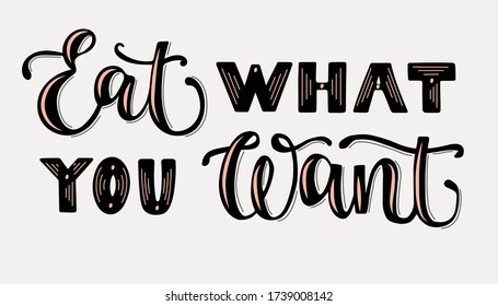 Hand sketched text Eat What You Want in black color for poster, banner, screensaver for site, social media. Letteing tipography. Motivation quote about lifestyle without diet.