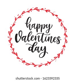 Hand sketched “Happy Valentine’s Day” text with stylish red wreath as romantic card template, celebration banner, greeting card, promotional materials. Perfect lettering for life style blog, web page.