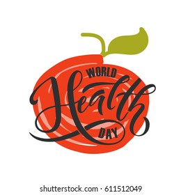 Hand sketched text 'World Health Day' on textured background. Celebration hand drawn text for postcard, card, banner template. Vector lettering typography. Calligraphy with objects.