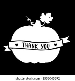 Hand sketched "Thank you" phrase with ribbon and pumpkin on black background. Lettering illustration for Thanksgiving day, Halloween, autumn design