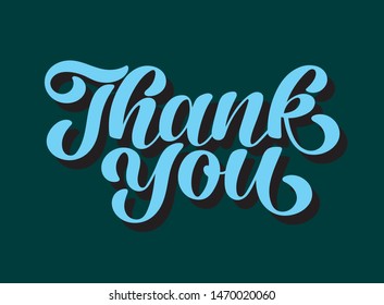 Hand sketched Thank you typography lettering poster. Celebration quote on dark blue background for postcard, icon, logo, badge. Vector calligraphy text .
