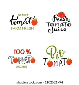 Hand sketched tomato lettering typography. Farmers market, organic food, natural product design, juice, pie, jam concept. Fruit design style. Calligraphy badge, icon set. Logo, banner, tag, template.