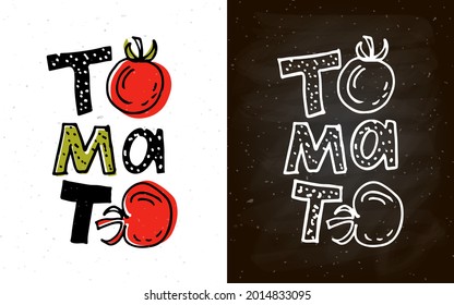 Hand sketched Tomato product lettering typography. Concept for farmers market, organic food, natural product design, juice, sauce, ketchup. Tomato logotype, badge, icon. Tomato logo, banner, flyer 