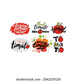 Hand sketched Tomato product lettering typography. Concept for farmers market, organic food, natural product design, juice, sauce, ketchup. Tomato logotype, badge, icon. Tomato logo, banner, flyer 