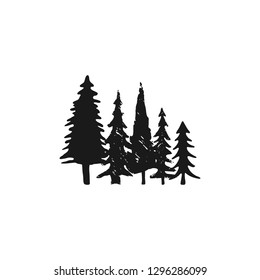 Hand sketched trees set in silhouette monochrome style. Stock Vector pine tree symbol, illustration isolated on white background