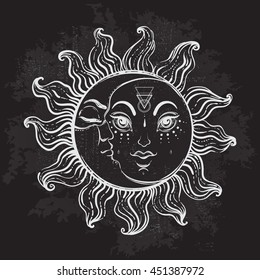 Hand Sketched trendy Sun and moon. Elegant Tattoo design. Isolated vector illustration. Alchemy, astrology, magic. Hippie design elements on Black