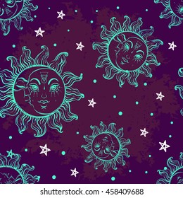 Hand Sketched trendy Sun and moon seamless pattern. Elegant Tattoo design. Isolated vector illustration. Alchemy, astrology, magic