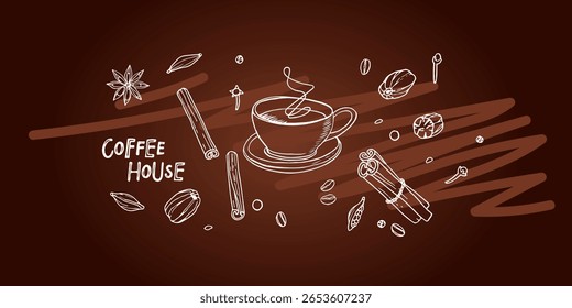 Elemento tipográfico desenhado à mão com Café. Bebida quente isolada no fundo de quadro-negro. Xícara, temperos silhueta linear. Cartão de bebida Coffee Haus, menu. Ilustração vetorial para cartaz, publicidade.