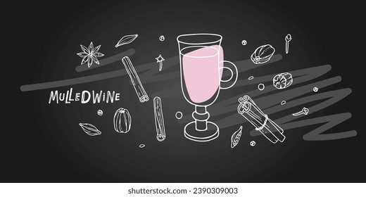 Hand sketched typographic element with mulled wine. Hot wine drink isolated on blackboard background. Irish glass linear silhouette. Mulled wine recipe. Restaurant beverage card, menu, cooking class