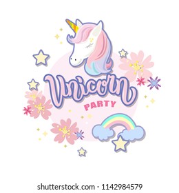 Hand sketched  Unicorn Party text on textured background. Lettering typography. Great for logo, badge, greeting, card, stick cake topper, party, baby birthday, banner, invitation template. 