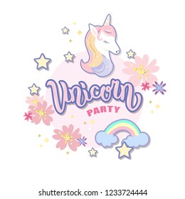 Hand sketched  Unicorn Party text on textured background. Lettering typography. Great for logo, badge, greeting, card, stick cake topper, party, baby birthday, banner, invitation template. 