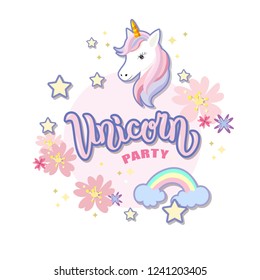 Hand sketched  Unicorn Party text on textured background. Lettering typography. Great for logo, badge, greeting, card, stick cake topper, party, baby birthday, banner, invitation template. 