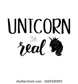 Hand sketched Unicorn is real text with black shape of unicorn’s head. Vector. Lettering typography.  Great for logotype, badge, icon, card, poster, invitation, banner template.