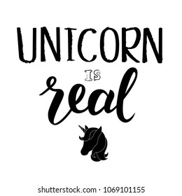 Hand sketched Unicorn is real text with black shape of unicorn’s head. Vector. Lettering typography.  Great for logotype, badge, icon, card, poster, invitation, banner template.