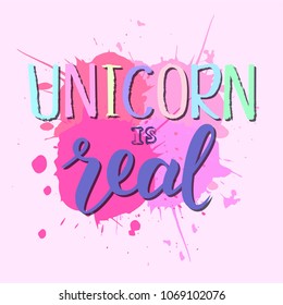 Hand sketched Unicorn is real text on textured background. Vector. Lettering typography.  Great for logotype, badge, icon, card, poster, invitation, banner template.