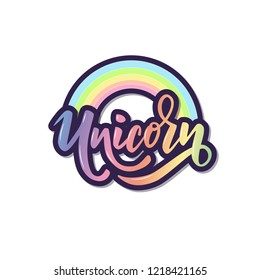 Hand sketched Unicorn text isolated on white background. Vector illustration. Lettering typography.  Great for logo, badge, icon, card, poster, invitation, banner template.