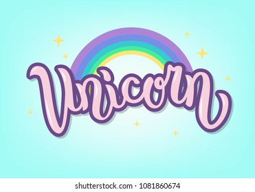 Hand sketched Unicorn text on textured background. Vector. Lettering typography.  Great for logo, badge, icon, card, poster, invitation, banner template.