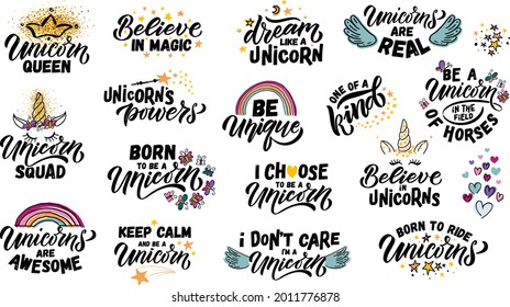 Hand sketched unicorn vector illustration with lettering typography quotes. Motivational quotes concept for children t-shirt print. Unicorn logotype, badge, icon. Unicorn logo, banner, flyer. Eps 10