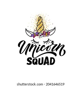 Hand sketched unicorn vector illustration with lettering typography quotes. Motivational quotes concept for children t-shirt print. Unicorn logotype, badge, icon. Unicorn logo, banner, flyer. eps 10