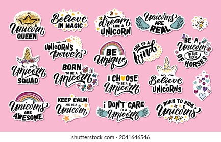 Hand sketched unicorn vector illustration with lettering typography quotes. Motivational quotes concept for children t-shirt print. Unicorn logotype, badge, icon. Unicorn logo, banner, flyer. eps 10