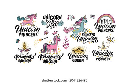 Hand sketched unicorn vector illustration patterns with lettering typography quotes. Motivational quotes concept for children t-shirt print. Unicorn logotype, badge, icon. Unicorn logo, banner, flyer