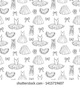 Hand sketched vector ballet dresses and shoes seamless pattern. Ballet dress and tutu, skirt classic illustration