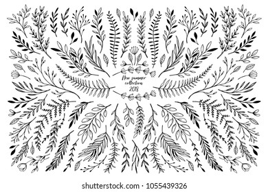 Hand sketched vector floral elements ( leaves, flowers, swirls and branches). Botanical illustrations. Perfect for wedding invitations, greeting cards, quotes, blogs, Frames