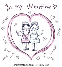 Hand Sketched Vector Greeting Card With Two Cute Angels. Be My Valentine. Happy Valentine's Day