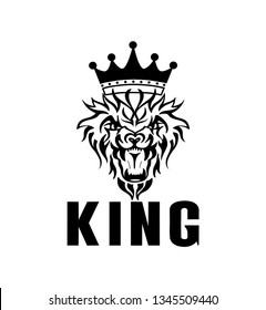 Hand sketched vector illustration with crown, lion s head and single word king isolated on white background. Concept for premium products, clothes, sport clubs and sports products. 
