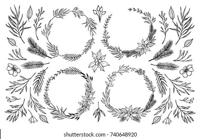 Hand sketched vector illustration. Laurel wreath with floral elements. Christmas drawing. Perfect for invitations, greeting cards, Wedding Frames, posters, prints and more