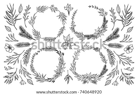 Hand sketched vector illustration. Laurel wreath with floral elements. Christmas drawing. Perfect for invitations, greeting cards, Wedding Frames, posters, prints and more
