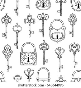 Hand sketched vector illustration - seamless pattern with vintage keys and locks. Design elements with decorative symbols. Perfect for invitations, greeting cards, textiles, prints
