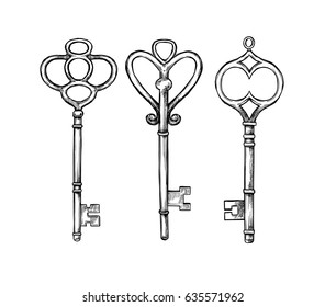 Hand sketched vector illustrations - collections of vintage keys. Design elements with decorative symbols.  Retro clipart. Perfect for invitations, magazins, postcards, prints etc