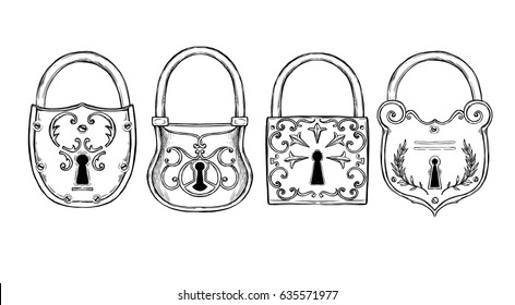 Hand sketched vector illustrations - collections of vintage locks. Design elements with decorative symbols. Medieval keys. Retro clipart. Perfect for invitations, magazins, postcards, prints 