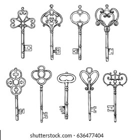 Hand sketched vector illustrations - collections of vintage keys. Design elements with decorative symbols. Retro clipart. Perfect for invitations, magazins, postcards, prints etc