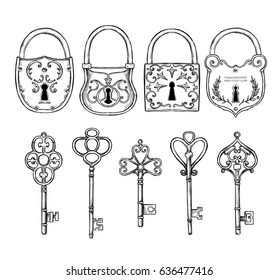 Hand sketched vector illustrations - collections of vintage keys and locks. Design elements with decorative symbols. Retro clipart. Perfect for invitations, magazins, postcards, prints 