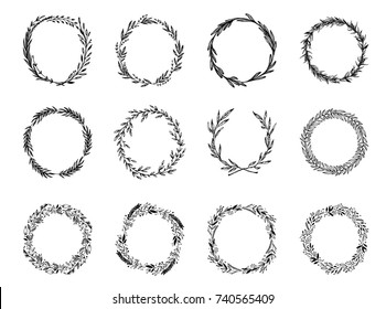 Hand sketched vector laurel wreaths with floral elements, flowers and leaves. Wild and free. Perfect for invitations, greeting cards, quotes, blogs, Wedding Frames, posters and more