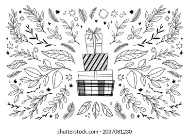 Hand sketched vector modern elements (christmas gifts, branches, leaves, stars, holly jolly). Linear illustrations. Perfect for logos, invitations, greeting cards, quotes, blogs, wedding frames