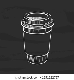 Hand Sketched Vector Paper Cup. Coffee To Go Outline Illustration On Black Background