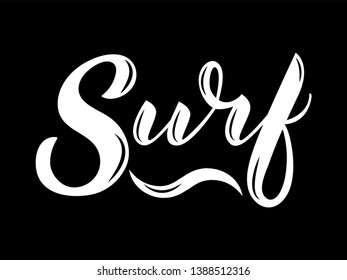 Hand sketched vector Surf lettering typography. Hand drawn Surfing vector illustration. Surf calligraphy for banner, poster, card. Vector lettering for Surfing. Ocean, beach, sport, summer holidays
